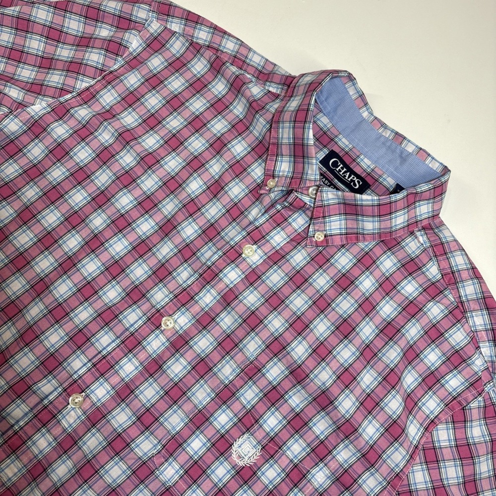 CHAPS Easy Care Pink Plaid Short Sleeve Shirt Mens Sz XL Button Up Cotton Blend